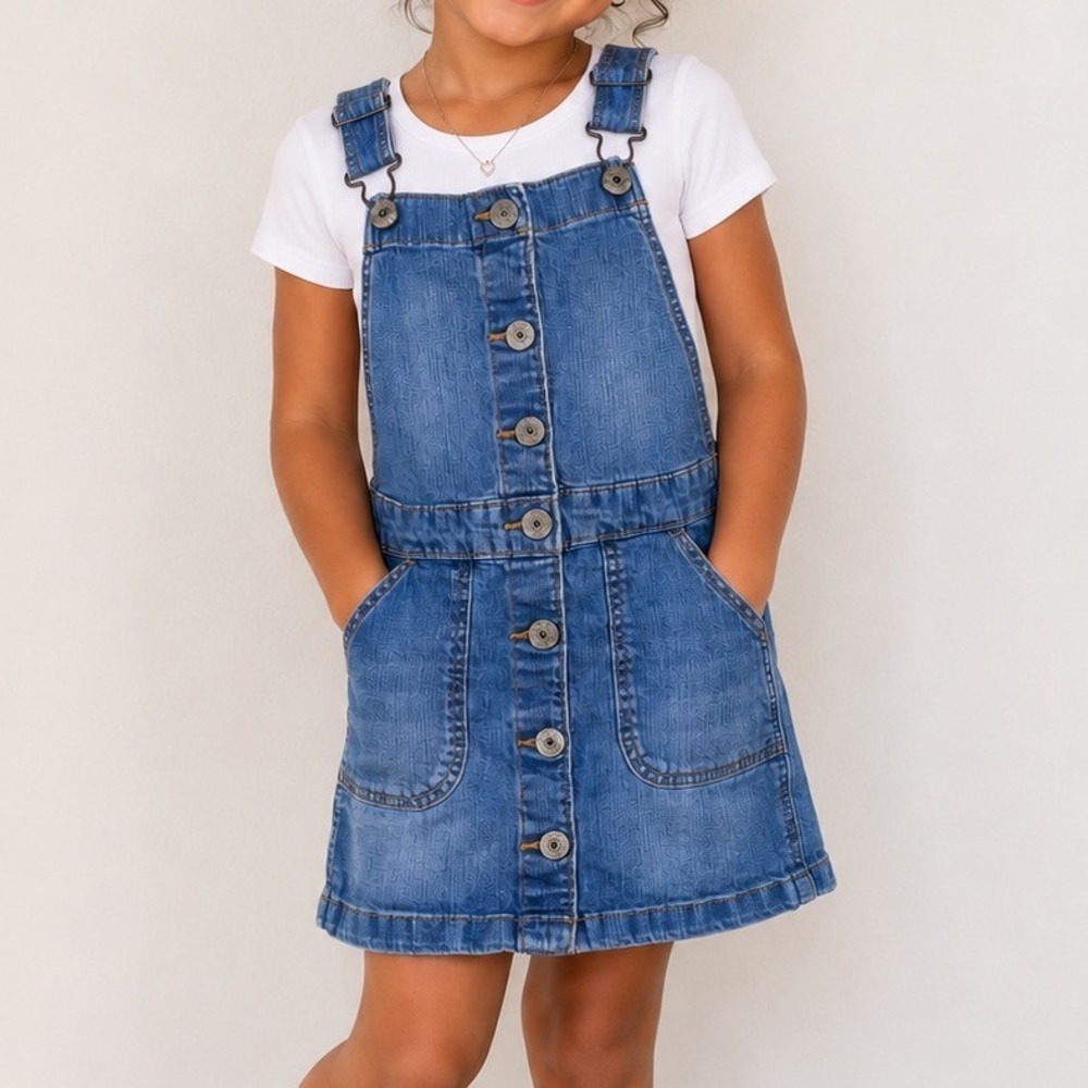 OshKosh Bgosh Girls Blue Denim Jumper Dress Button Front Size 5 5A Medium Wash